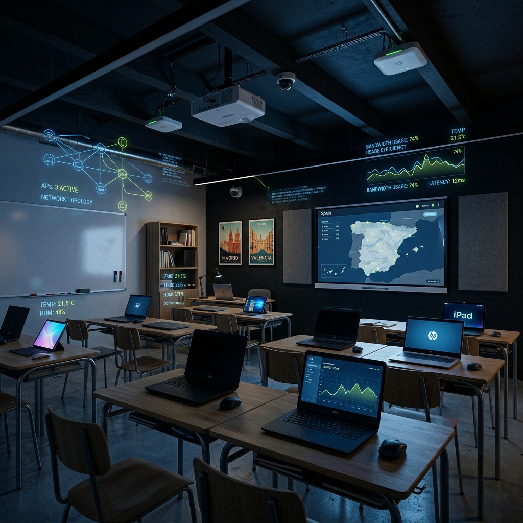 Aula con red IT monitorizada: pantallas, proyector, WiFi APs y portátiles bajo la inteligencia de ZeroNet
